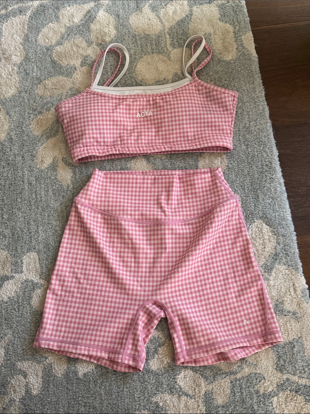 Women’s Pink Gingham Layered Bra and Bike Shorts - Performance Stretch